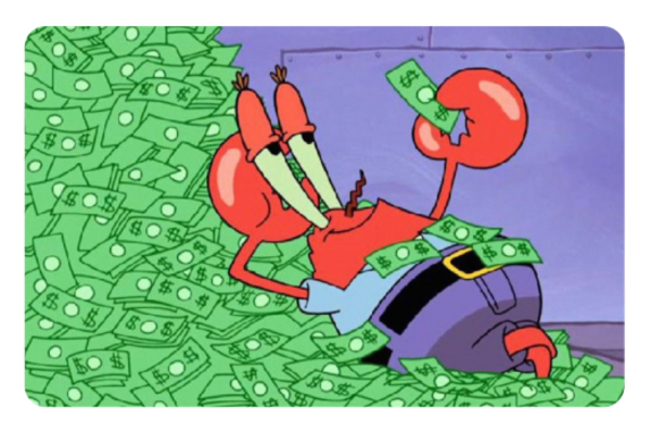Mr. Krabs pas sticker, geld-thema, op pasformaat