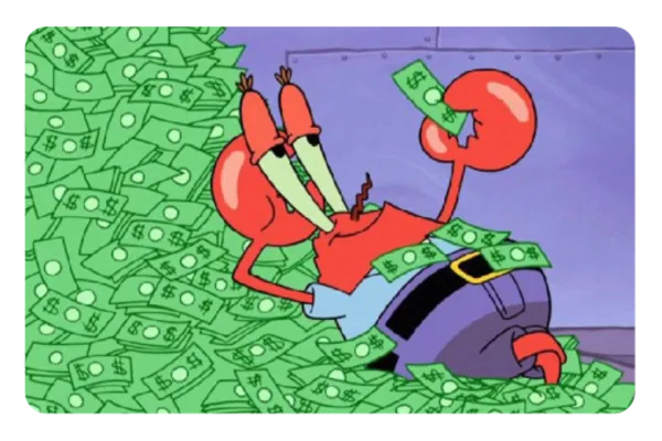 Mr. Krabs pas sticker, geld-thema, op pasformaat